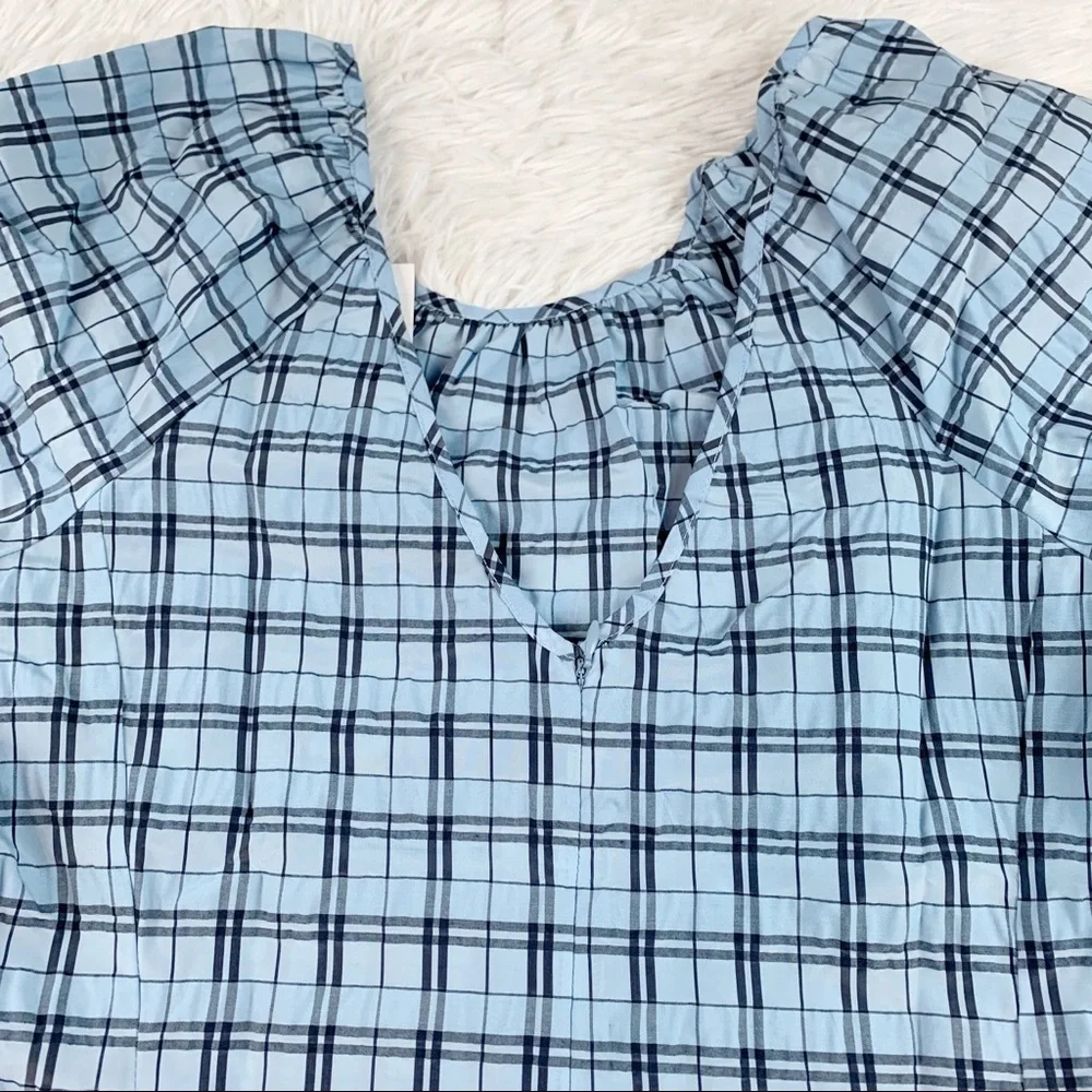 J Crew New V-back puff-sleeve top blouse in textured‎ plaid blue mist navy